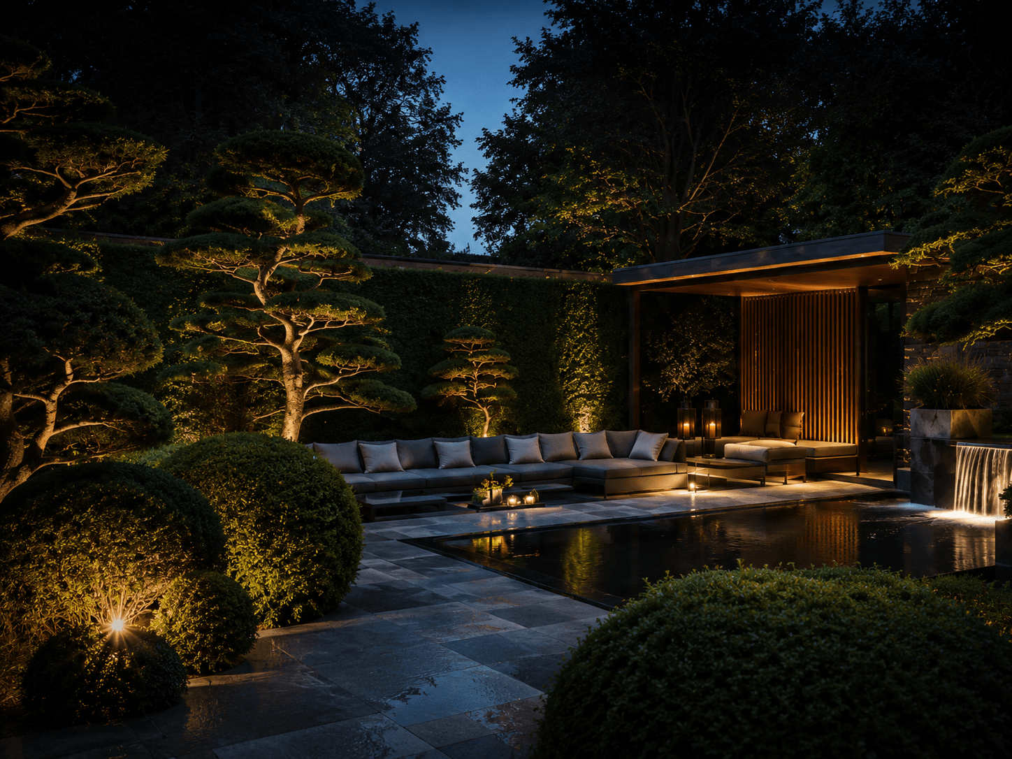 Verlicht lounge- en vuurplaats-terras met poolhouse en watermuur in de avondschemering